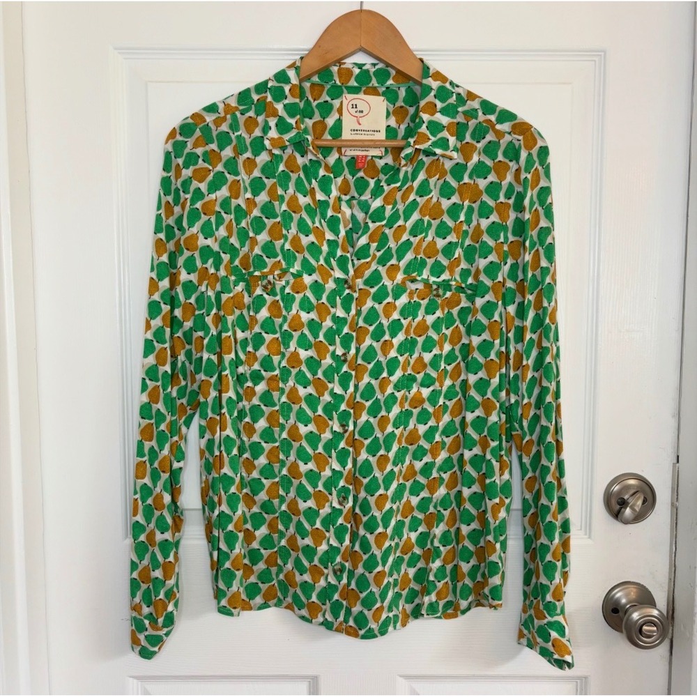 Anthropologie Conversations Button Down Women 10 Green Pear Print Blouse